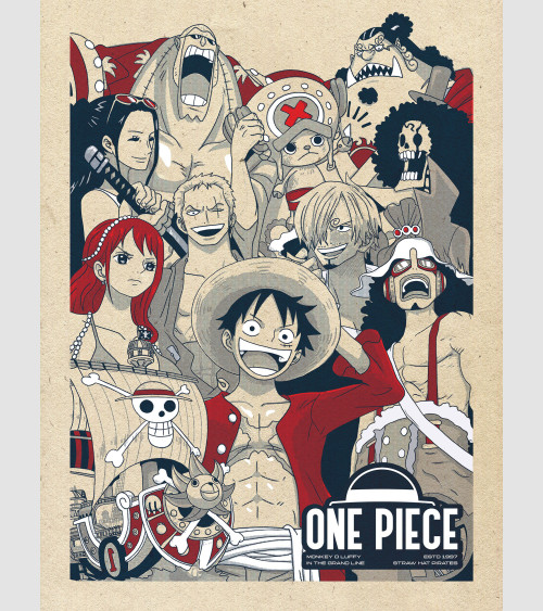 Tableau en 5 parties de Luffy, héro du manga One piece (Taille: S, Support:  Avec Châssis)